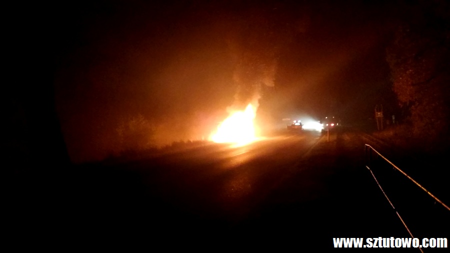 Pożar samochodu na drodze Sztutowo - Stegna, fot. 1/27